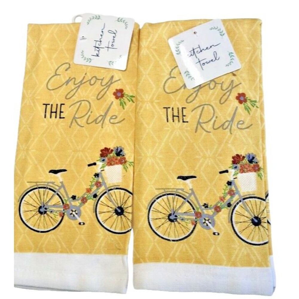 Bicycle Bike Kitchen Dish Towels Enjoy the Ride Yellow Spring Summer Set of 2